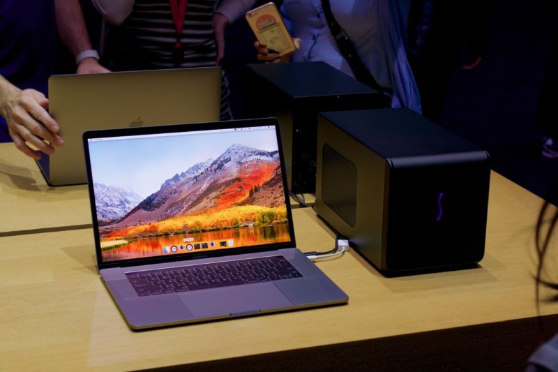 A MacBook Pro connected to one of Apple's external graphics devkits.