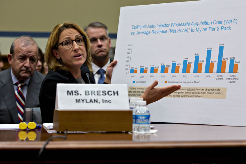 Heather Bresch, CEO of Mylan NV, refers to a chart while speaking during a House Oversight and Government Reform Committee hearing in Washington, DC on Wednesday, Sept. 21, 2016. 