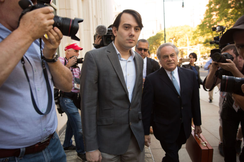 Martin Shkreli arrives at Brooklyn Federal Court on the first day of his securities fraud trial in 2017.