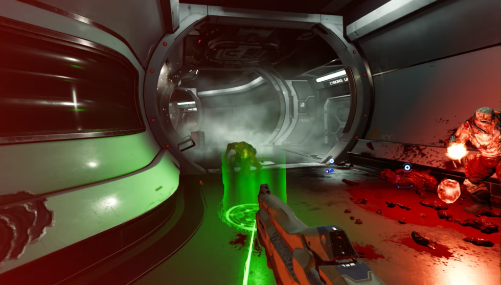 This shows what normal teleportation will look like in VR. The follow-up warp on top of the glowing baddie will result in a bloody "glory kill" melee attack.