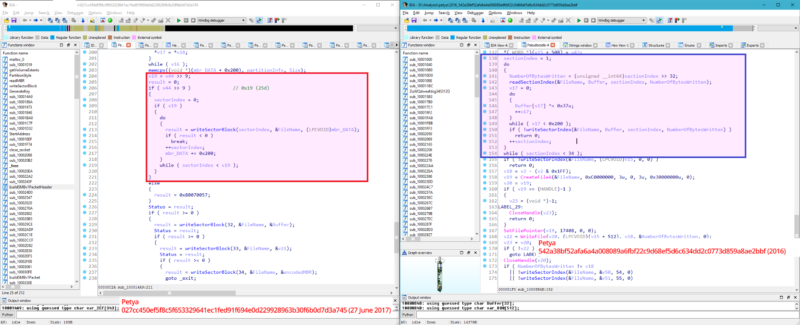 Code in Tuesday's attack, shown on the left, was altered to permanently destroy data.