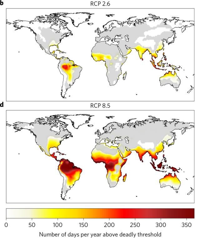 Results in 2100 for the low emissions (top) and high emissions (bottom) scenarios.