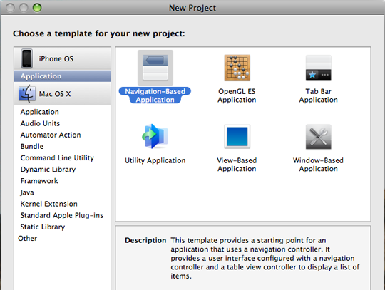 New iPhone-specific application templates are available through Xcode when you start a project