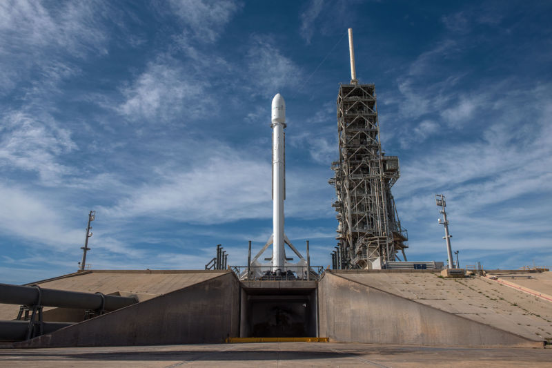 The Falcon 9 rocket, with the Intelsat 35e payload on the launch pad at Kennedy Space Center.