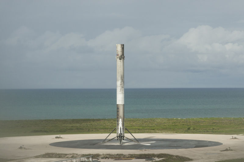 The view of a Falcon 9 first stage booster that landed in June 2017 in Florida.