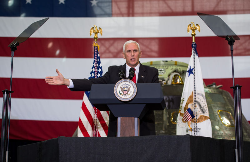 Vice President Mike Pence addresses NASA employees on Thursday at NASA’s Kennedy Space Center.