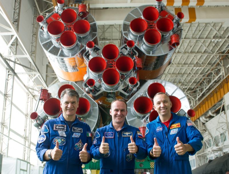  Expedition 52-53 crewmembers Paolo Nespoli of the European Space Agency (left), Sergey Ryazanskiy of the Russian Federal Space Agency (Roscosmos, center) and Randy Bresnik of NASA, were all smiles last week before their launch.