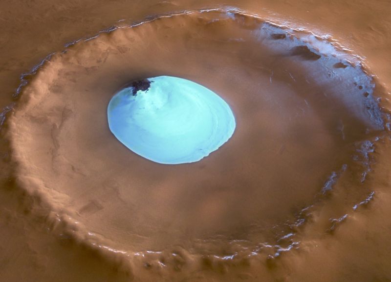 Crater water ice on Mars at Vastitas Borealis, seen by the European Space Agency's Mars Express.