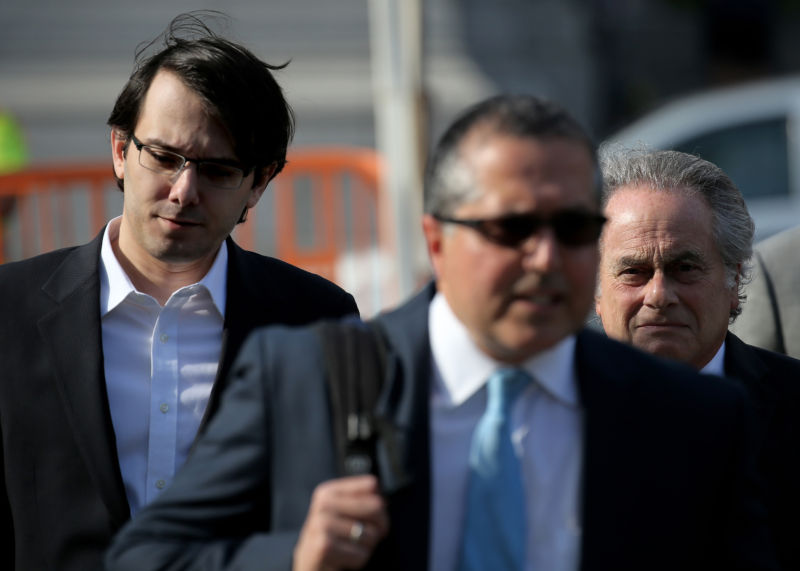 Martin Shkreli arrives at federal court with his attorney Benjamin Brafman, right, in the Brooklyn borough of New York, US, on Wednesday, July 5, 2017. 