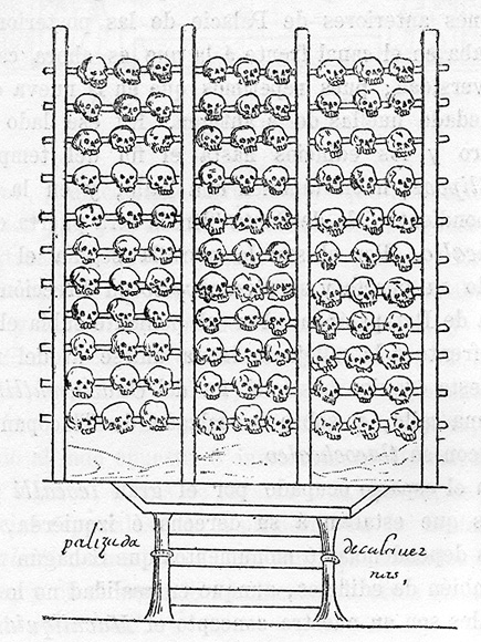 A tzompantli, illustrated in the 16th-century Aztec manuscript, the Durán Codex.