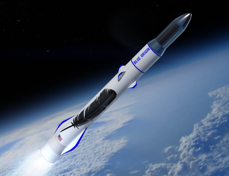 فن مفهوم Blue Origin لإطلاق صاروخ New Glenn يصعد إلى المدار.