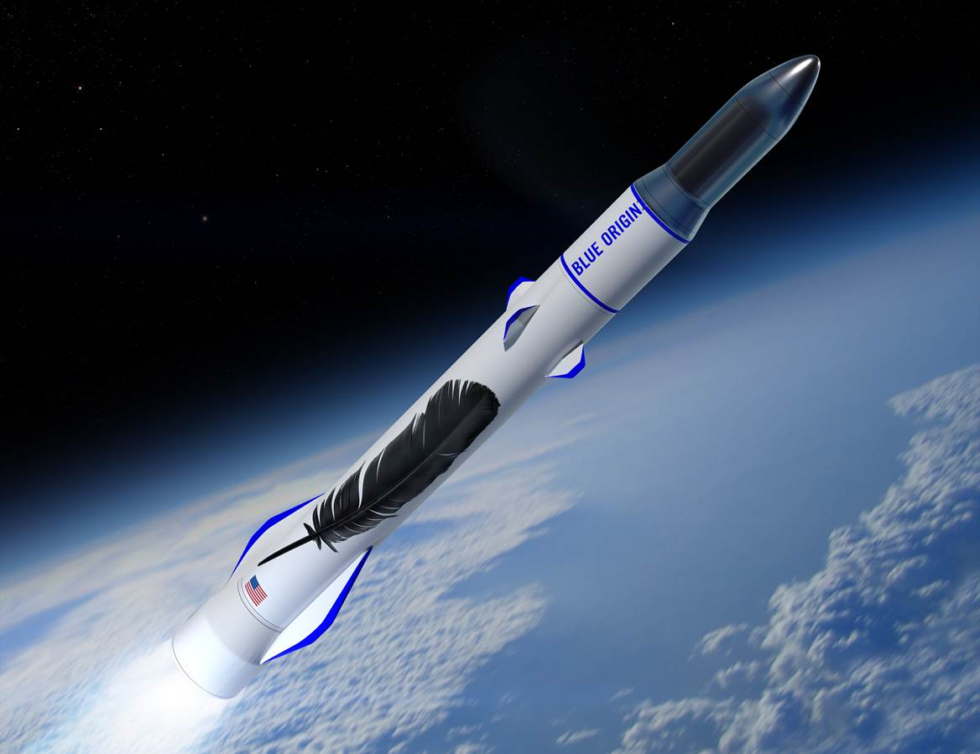 Blue Origin's concept art for a New Glenn rocket launch taking off to Earth orbit.