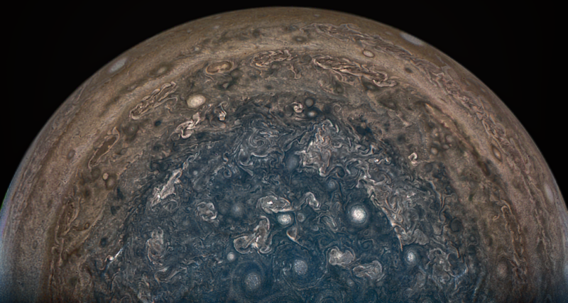 NASA’s Juno spacecraft soared directly over Jupiter’s south pole when JunoCam acquired this image on February 2, 2017.