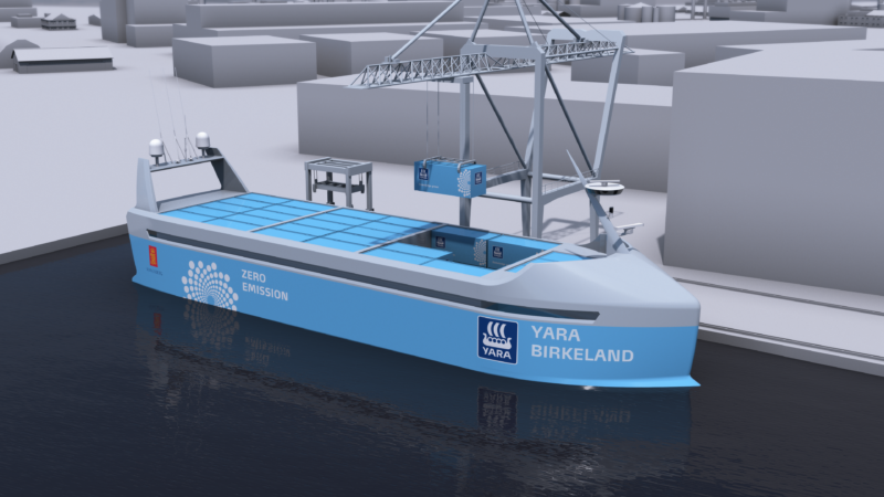 Robo-cranes load cargo onto the robo-boat <em>Yara Birkeland</em> in this rendering of the drone ship, under construction in Norway.