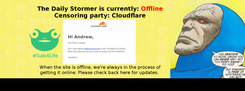 An image posted atop the Gab feed of Daily Stormer's Andrew Aglin, showing the message he received from Cloudflare terminating his account.