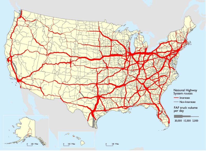 From the bureau of Transportation Statistics: “Long-haul freight truck traffic in the United States is concentrated on major routes connecting population centers, ports, border crossings, and other major hubs of activity.  Except for Route 99 in California and a few toll roads and border connections, most of the heaviest traveled routes are on the Interstate System.”
