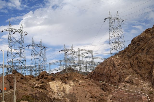 Electric power lines at Hoover Dam, located on the Colorado River between Nevada and Arizona, United States. (Photo by: MyLoupe/UIG via Getty Images)