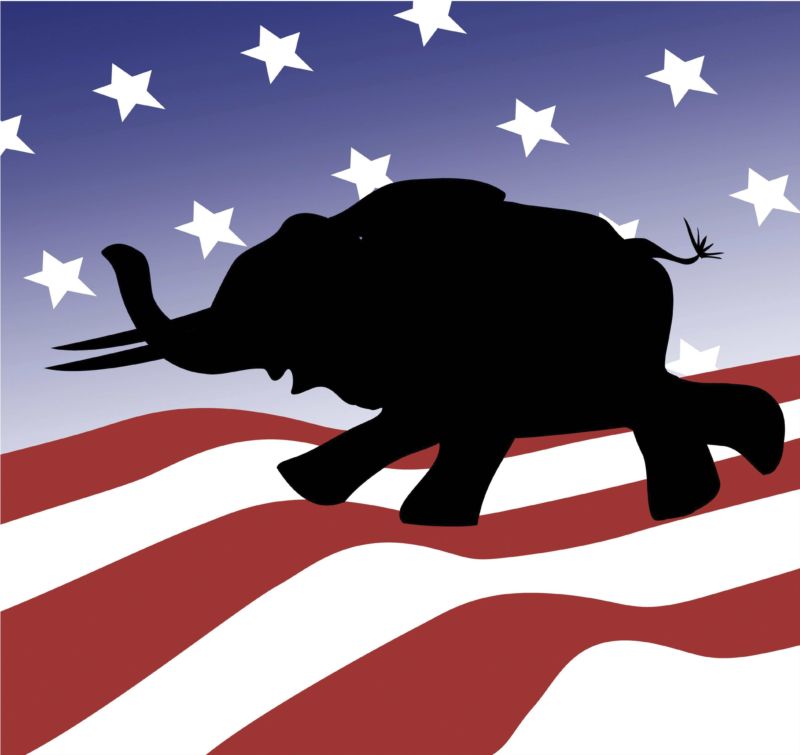 Illustration of an elephant—the Republican symbol—in front of an American flag.