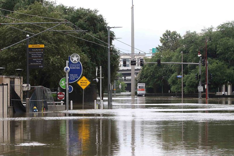 Flooding in Houston's theater district on Sunday, August 27, 2017 as the city battles with tropical storm Harvey and resulting floods.