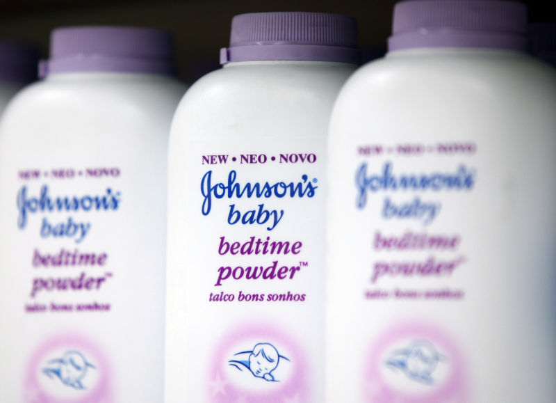 Bottles of Johnson's baby powder in a London supermarket. 