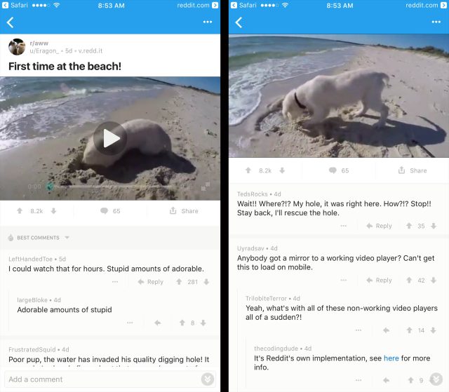 Reddit app on iOS: video plays at the top while you can scroll through comments on the bottom.