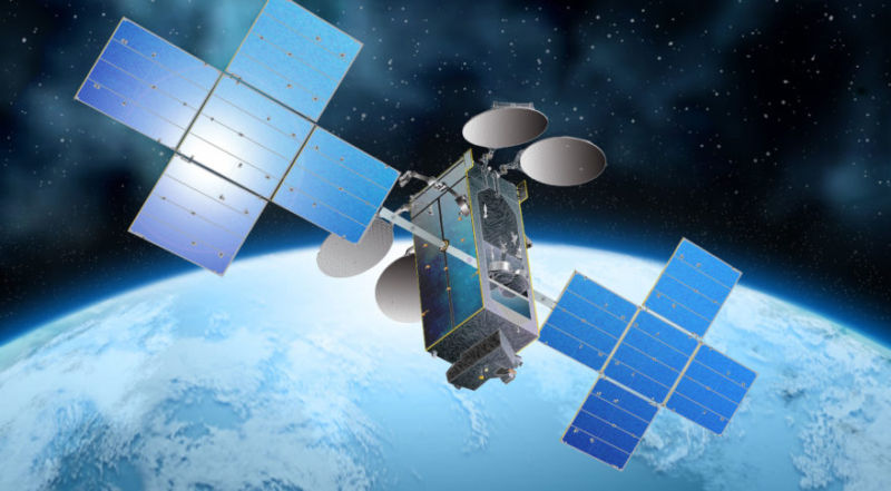 An artist's rendering of the EchoStar 24/ Jupiter 3 satellite, planned for launch in 2021. The satellite will provide 100 Mbps residential Internet service to the Western Hemisphere.