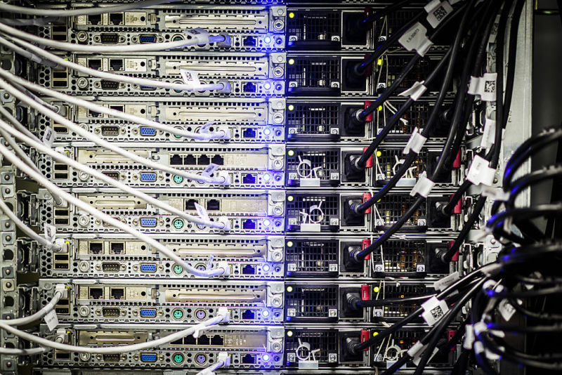 Close-up of cables and LED lights in the data center of T-Systems, a subsidiary of Deutsche Telekom AG.