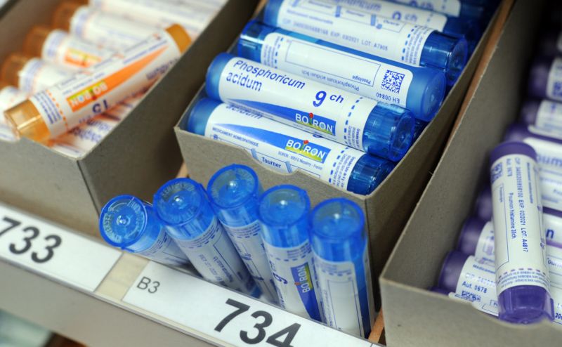 Tubes of homeopathic granules at Boiron Laboratory in Brest, France.