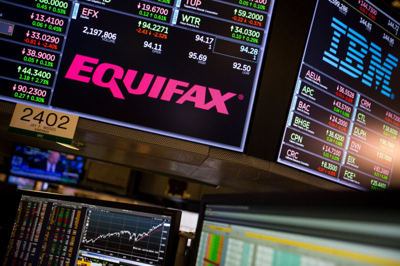 A monitor displaying Equifax Inc. signage on the floor of the New York Stock Exchange in New York on Friday, September 15, 2017.