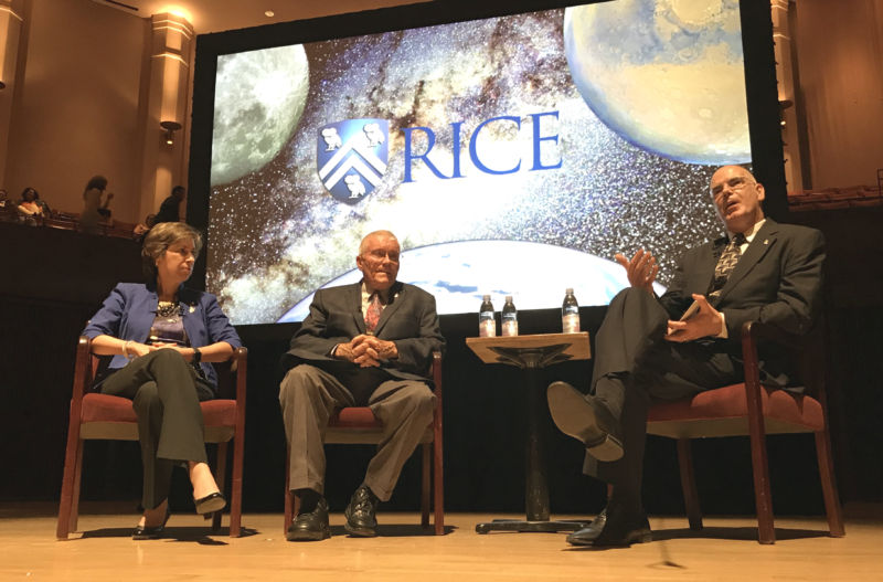 Ellen Ochoa, left, with Fred Haise, center, and David Alexander at Rice University's Apollo 13 event in September.