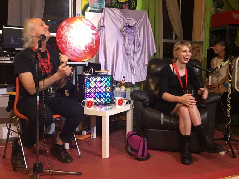 Chelsea Manning (right), spoke on September 12 at the Noisebridge hackerspace in San Francisco with the organization's co-founder, Mitch Altman (left).