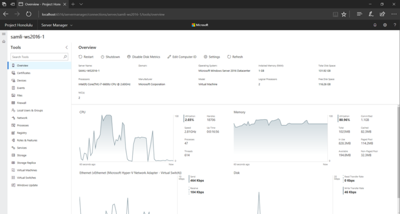 Project Honolulu user interface, one of the new features in Windows Server 2019.