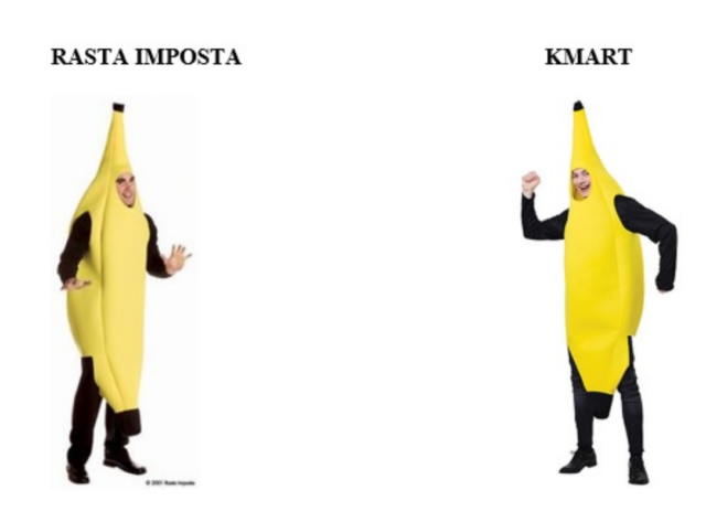 This screenshot from the lawsuit compares Rasta Imposta's banana costume with the one Kmart has been selling since it stopped doing business with Rasta Imposta.