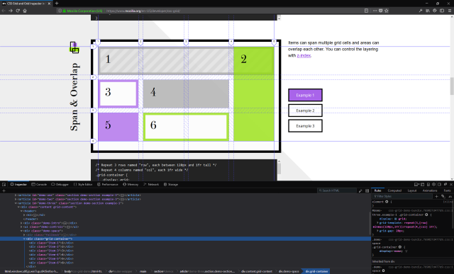 The CSS Grid inspector helps visualize the grid used for your layout.