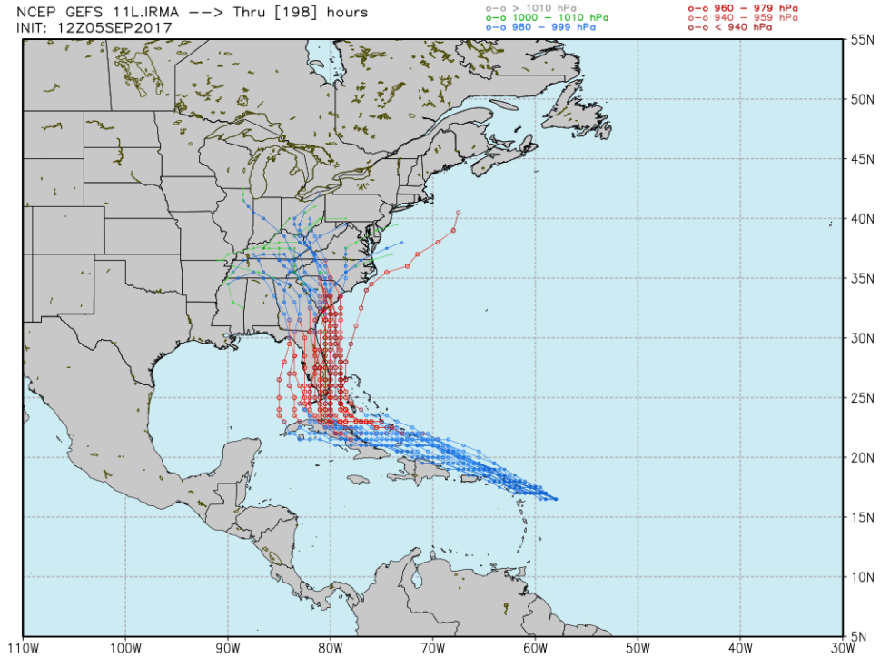 Irma's ensemble model forecast from 12z run of the Global Forecast System.