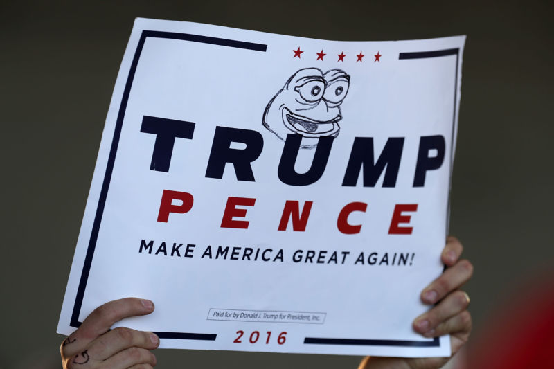 A supporter holds a campaign sign for Republican presidential nominee Donald Trump with 'Pepe the Frog' drawn on it during a rally in Minneapolis in November 2016. 