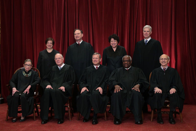 Front row from left, U.S. Supreme Court Justice Ruth Bader Ginsburg, Justice Anthony M. Kennedy, Chief Justice John G. Roberts, Justice Clarence Thomas, and Justice Stephen Breyer, back row from left, Justice Elena Kagan, Justice Samuel Alito Jr., Justice Sonia Sotomayor, and Justice Neil Gorsuch pose for a group portrait in the East Conference Room of the Supreme Court  on June 1, 2017 in Washington, DC. 