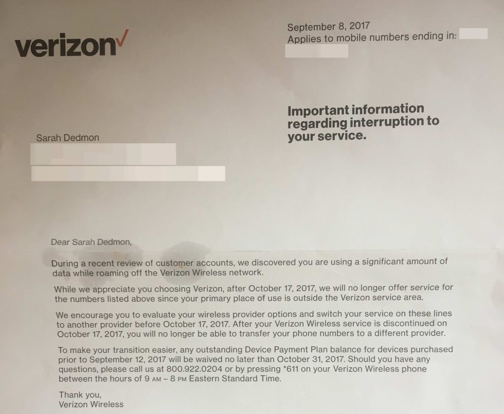 Disconnection notice sent by Verizon Wireless.