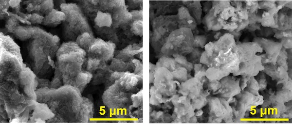 The asphalt-derived material before (left) and after it has been coated with lithium.