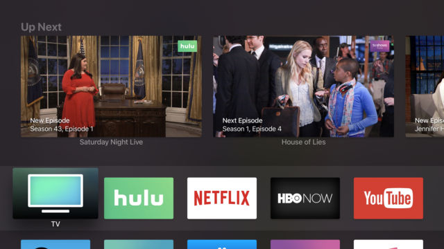 The Apple TV 4K's home screen, in the dark theme.
