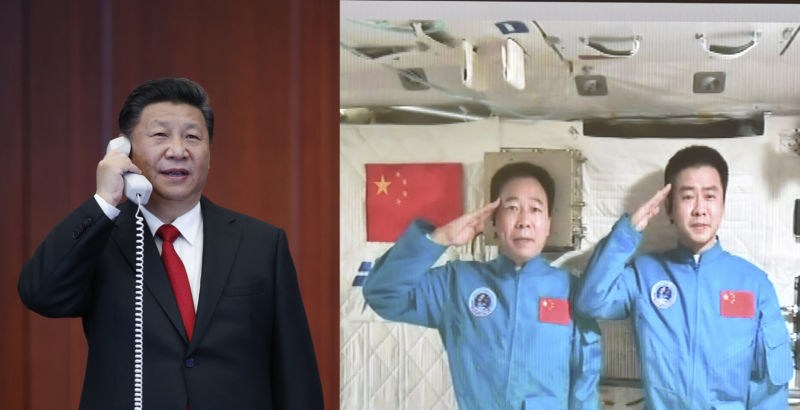 Combination photo taken on November 9, 2016 shows Chinese President Xi Jinping (L) as he talks with the two astronauts, Jing Haipeng and Chen Dong, in the space lab Tiangong-2.