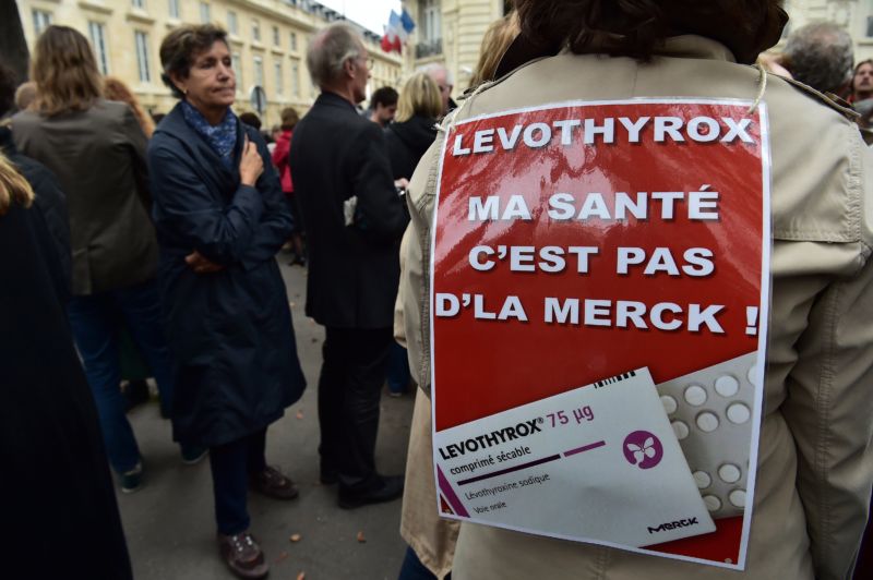 Demonstrators gather near the National Assembly as they protest against the new chemical formula of the Levothyrox, a manufactured form of the thyroid hormone, in Paris on September 8, 2017.