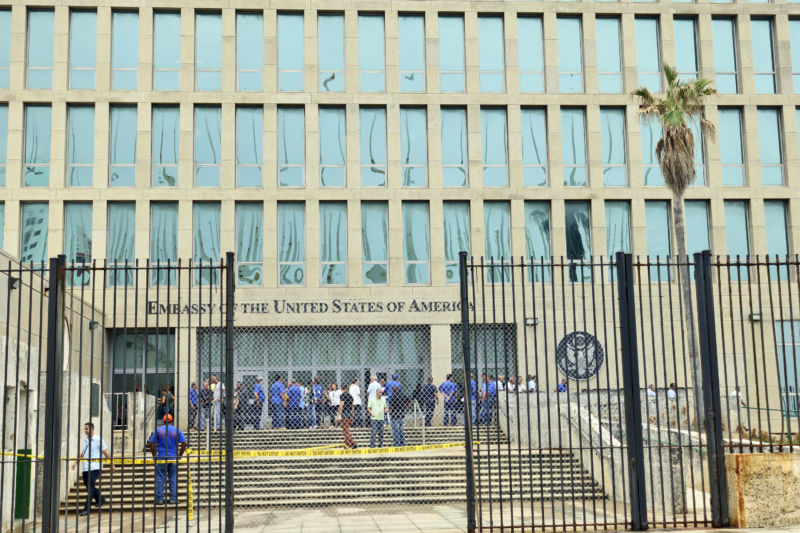 Personnel gather at the US Embassy in Cuba after the US State Department announced it will cut the embassy’s staff by half in the wake of mysterious health problems.