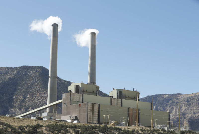 Smokestacks at Pacificorp’s 1,000MW coal-fired power plant on October 9, 2017 outside Huntington, Utah.
