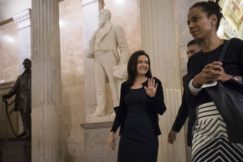 Sheryl Sandberg, chief operating officer of Facebook, walks to a meeting with members of the Congressional Black Caucus at the US Capitol, October 12, 2017 in Washington, DC.