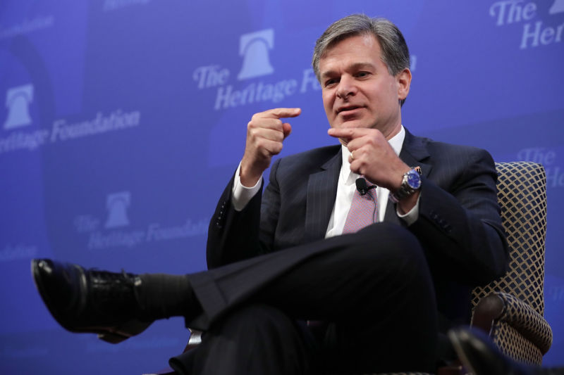 Federal Bureau of Investigation Director Christopher Wray participates in a question-and-answer session while arguing for the renewal of Section 702 of the Foreign Intelligence Surveillance Act at the Heritage Foundation October 13, 2017 in Washington, DC.