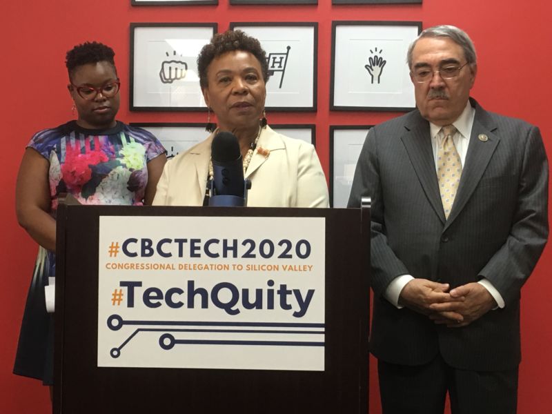 Rep. Barbara Lee (center) spoke along with Rep. G.K. Butterfield (right) at the San Francisco offices of Hustle on Monday.