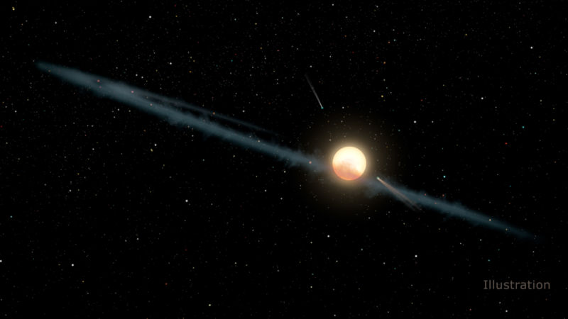 This illustration depicts a hypothetical uneven ring of dust orbiting KIC 8462852, also known as Boyajian's Star or Tabby's Star.