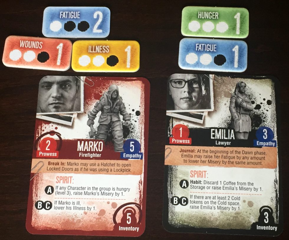 Character cards along with associated "conditions." 