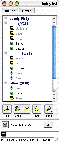 An example of AIM Buddy List.  The yellow sticky notes indicate out of office messages.  To see profiles, you had to click on each screen name one by one.